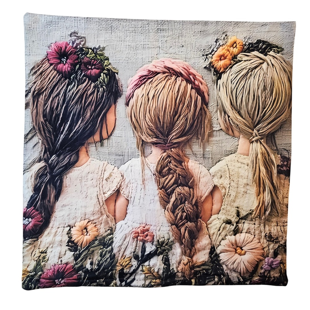 Three Girls Braids Flowers Graphic Throw Pillow Cover 17.5x17.5 Square Decor